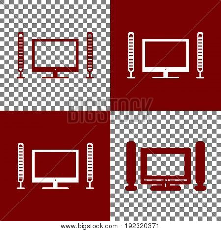 Home theater sign. Vector. Bordo and white icons and line icons on chess board with transparent background.