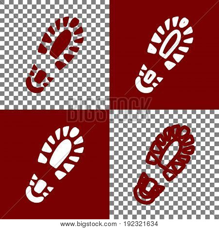 Footprint boot sign. Vector. Bordo and white icons and line icons on chess board with transparent background.