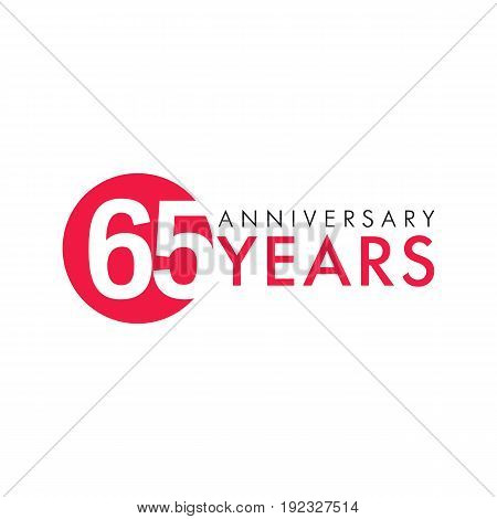 65 years old round logo. Anniversary year of 65 th vector numbers. Greetings, ribbon, celebrates. Celebrating 6th place, key shape idea. Colored traditional digital logotype of ages or % off.