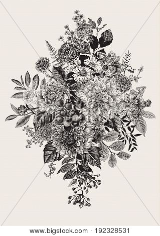 Summer and autumn flowers. Dahlias, Ruscus, Viburnum, Ranunculus. Modern floristics. Vector illustration.