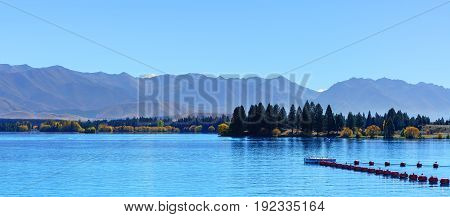 Panoramic image of beautiful scenery of Lake Pukaki Mackenzie District Canterbury region South Island of New Zealand