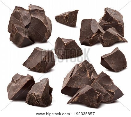 Broken chocolate pieces collection isolated on white background as package design elements