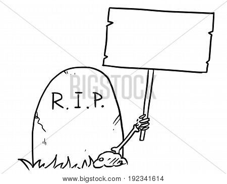 Cartoon vector arm of the dead skeleton is sticking out of the grave tombstone holding empty sign