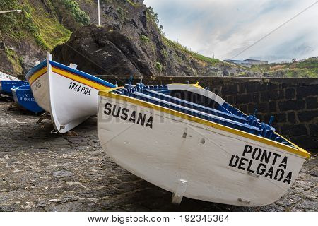 Capelas, Azores Portugal - May 15, 2017: Porto Capelas Fishing Port On Sao Miguel Island