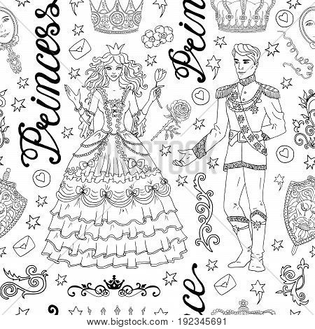Black and white seamless background with prince and princess concept. Graphic vector illustration, doodle sketch with vintage design elements. Suitable for invitation, greeting cards