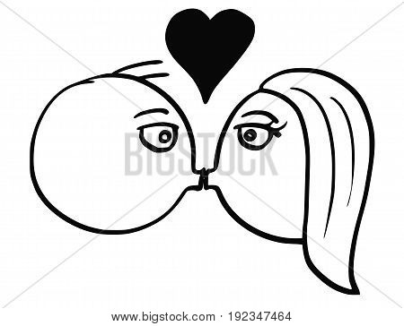 Cartoon vector of man and woman in love kissing smooching each other with large heart symbol above their heads
