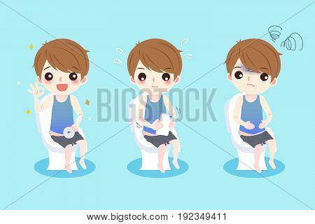 cute cartoon man with constipation on the green background