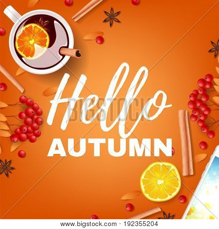 Hello autumn beautiful background. Top view on composition with cup of mulled wine, rowan, cinnamon sticks on orange background. Vector illustration.