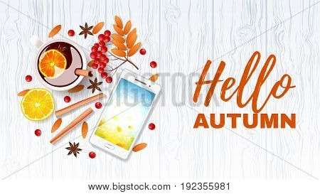 Hello autumn beautiful web banner with wooden texture. Top view on composition with cup of mulled wine, cinnamon sticks, rowan and orange . Vector illustration.