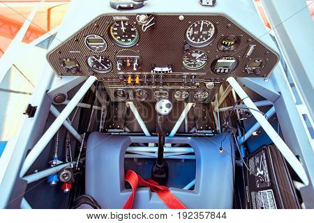 Salon with the instruments of a sports aircraft with a pre-flight.