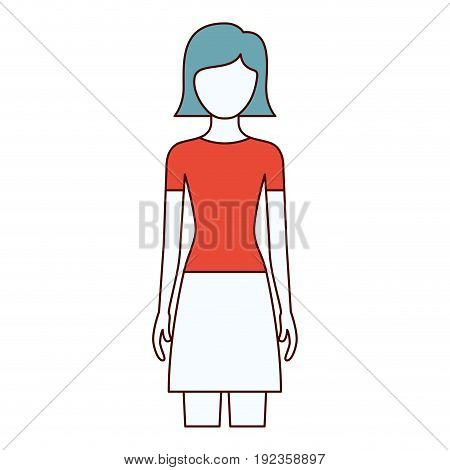 color sections silhouette faceless front view woman with skirt and short straight hairstyle vector illustration