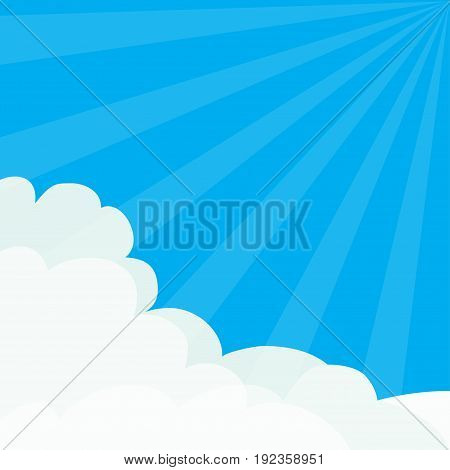 Sun light rays burst. Blue sky. Sunshine Fluffy Cloud in corners frame template. Cloudshape. Cloudy weather. Flat design. Background. Vector illustration