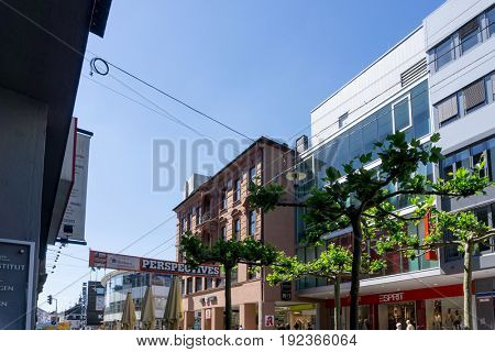 SAARBRUCKEN, GERMANY - May 26, 2017: street view of Saarbrucken, is the capital and largest city of the state of Saarland. May 26, 2017 in Saarbrucken, Germany