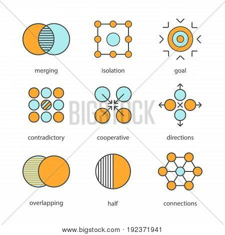 Abstract symbols color icons set. Merging, isolation, goal, contradictory, cooperative, directions, overlapping, half, connections concepts. Isolated vector illustrations