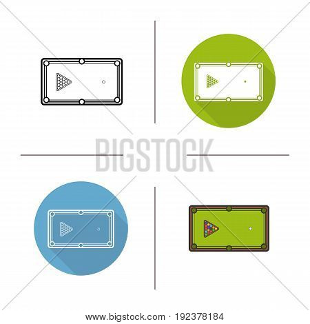 Billiard table icon. Flat design, linear and color styles. Pool table with triangle balls rack. Isolated vector illustrations