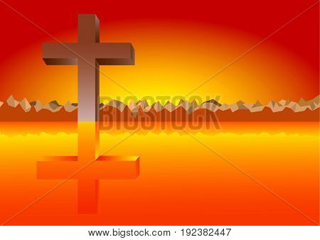 Christian cross vector illustration with yellow red background
and reflection with copy space for your own writing