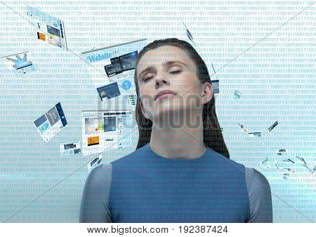 Digital composite of panels with websites flying and numbers in blue in front. Futuristic clothes woman with his eyes clo