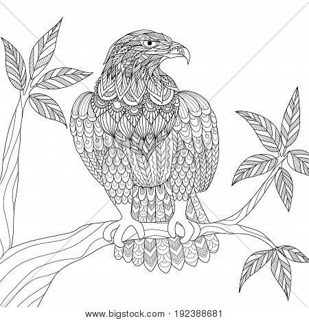 Hand drawn tribal eagle sitting on tree branch