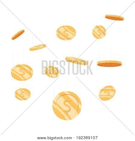Coins Money Falling Vector Illustration, Flat Style Dropping Gold Coins