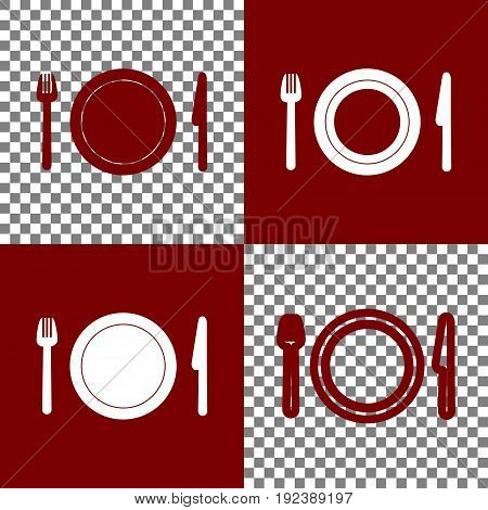 Fork, plate and knife. Vector. Bordo and white icons and line icons on chess board with transparent background.