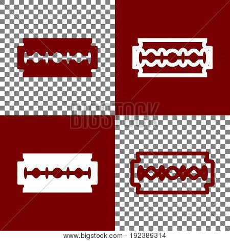 Razor blade sign. Vector. Bordo and white icons and line icons on chess board with transparent background.