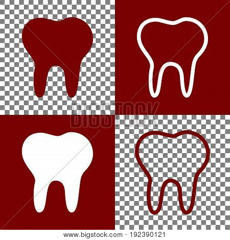 Tooth sign illustration. Vector. Bordo and white icons and line icons on chess board with transparent background.