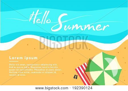 Hello summer concept vector illustration. Top view of beach. Template for poster, banner, card, flyer etc.