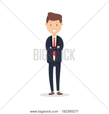 Portrait of happy businessman with arms crossed standing. Young happy businessman vector illustration