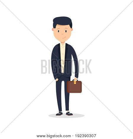 Smartly dressed businessman, smiling. A handsome young businessman holding his briefcase while standing. Vector illustration isolated on white background
