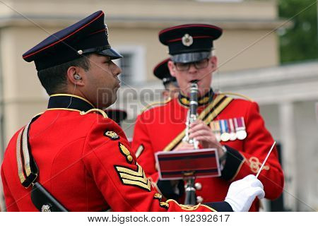 Sandhurst, Uk - June 18 2017: Conductor And Woodwind Player Of The Military Band Of The Corps Of Roy