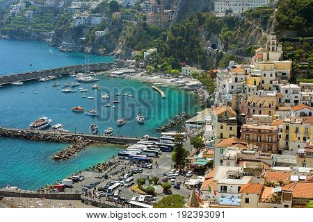AMALFI, ITALY - MAY 23, 2017: picturesque landscape with sea in the  Amalfi, Gulf of Salerno, Italy