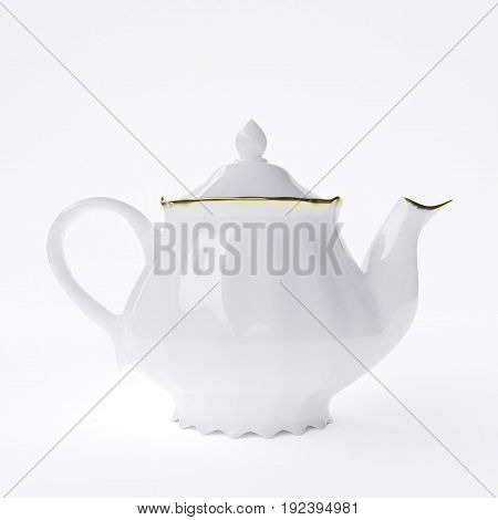 White classic porcelain teapot isolated on white background. 3d illustration