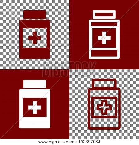 Medical container sign. Vector. Bordo and white icons and line icons on chess board with transparent background.