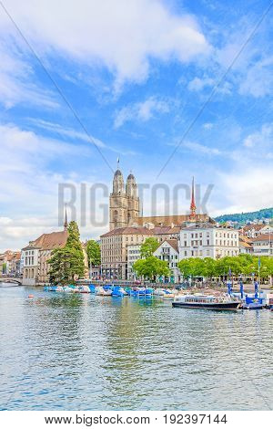 Minster Grossmunster in Zurich view from Quaibrucke bridge river Limmat in front.
