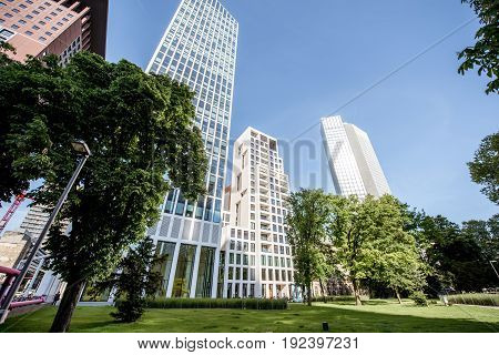 View from below on the skyscrapers at the financial district of Frankfurt city in Germany