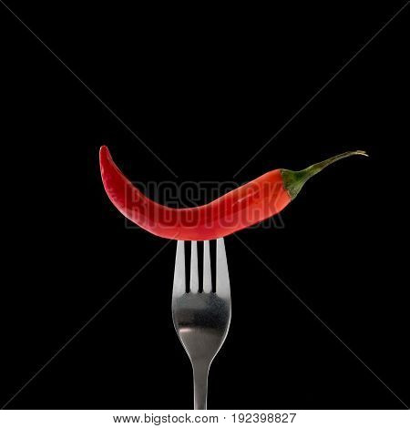 Red hot chili pepper on fork isolated on black background