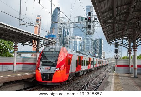 MOSCOW RUSSIA - June 22 2017 Electric train Lastochka at the Shelepikha station of the Moscow Central Ring.