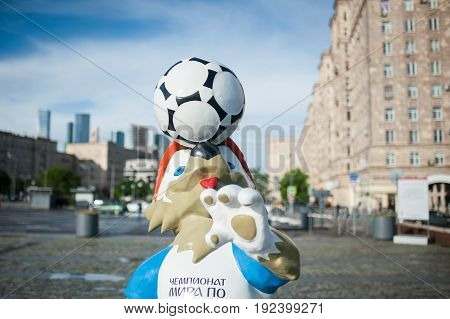 MOSCOW RUSSIA - June 22 2017 The official mascot of the 2018 FIFA World Cup and the FIFA Confederations Cup 2017 wolf Zabivaka on Poklonnaya Hill in Moscow.