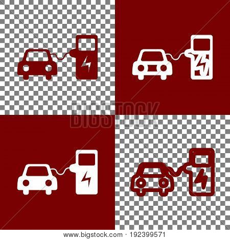 Electric car battery charging sign. Vector. Bordo and white icons and line icons on chess board with transparent background.