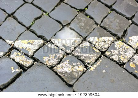 close up of a typical roman street made with cobblestone (sanpietrino).