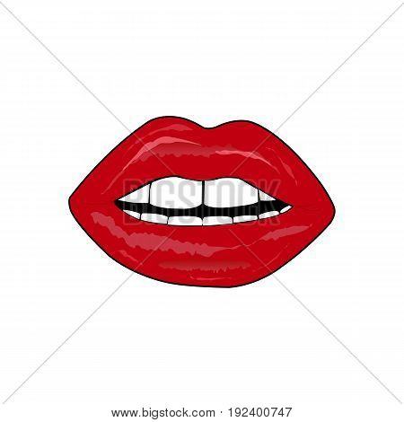 Red lips biting retro icon isolated on white background. Vector illustration. Sexy biting lips