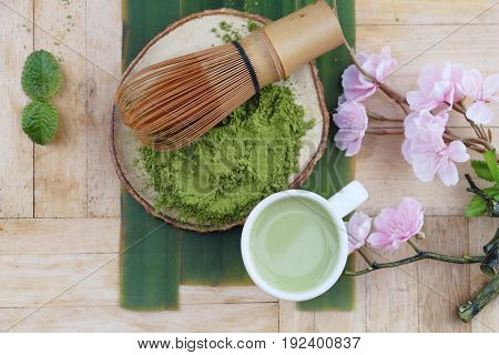 Hot green tea and matcha tea powde