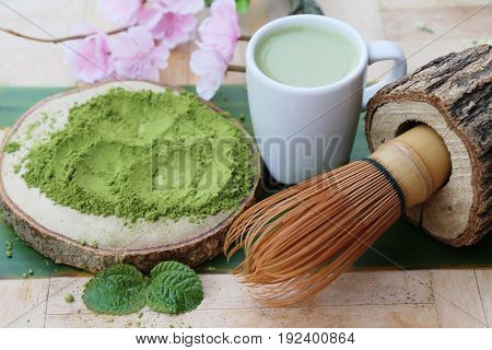 Hot green tea and matcha tea powde