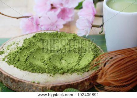 Hot green tea and matcha tea powde