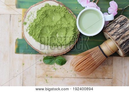 Hot green tea and matcha tea powde