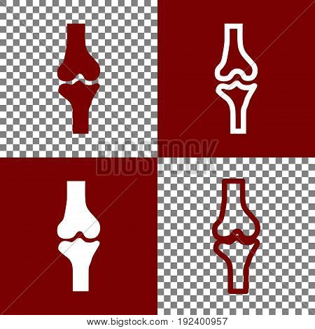 Knee joint sign. Vector. Bordo and white icons and line icons on chess board with transparent background.