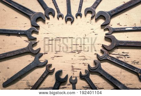 Heart from old wrench on rustic table for international fathers day Dad is the best - Tools on a rustic wooden background