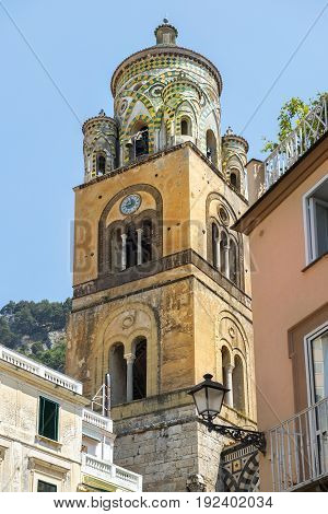 bell tower of Amalfi Cathedral, dedicated to the Apostle Saint Andrew, Roman Catholic cathedral in the Piazza del Duomo, Amalfi, Italy