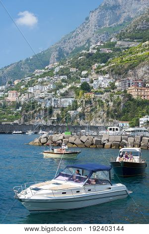 AMALFI, ITALY - MAY 23, 2017: picturesque landscape with sea in the  Amalfi, Gulf of Salerno, Italy