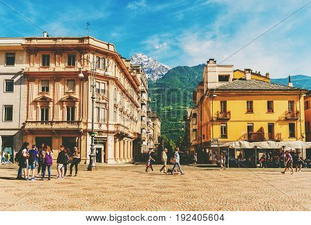 Aosta Italy May 25 2017. Italy Aosta People walking on Central Plaza Emilio Chanoux near Municipality building